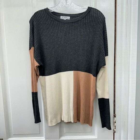 Polagram grey tan beige ribbed long sleeve lightweight sweater women's small - Picture 1 of 3